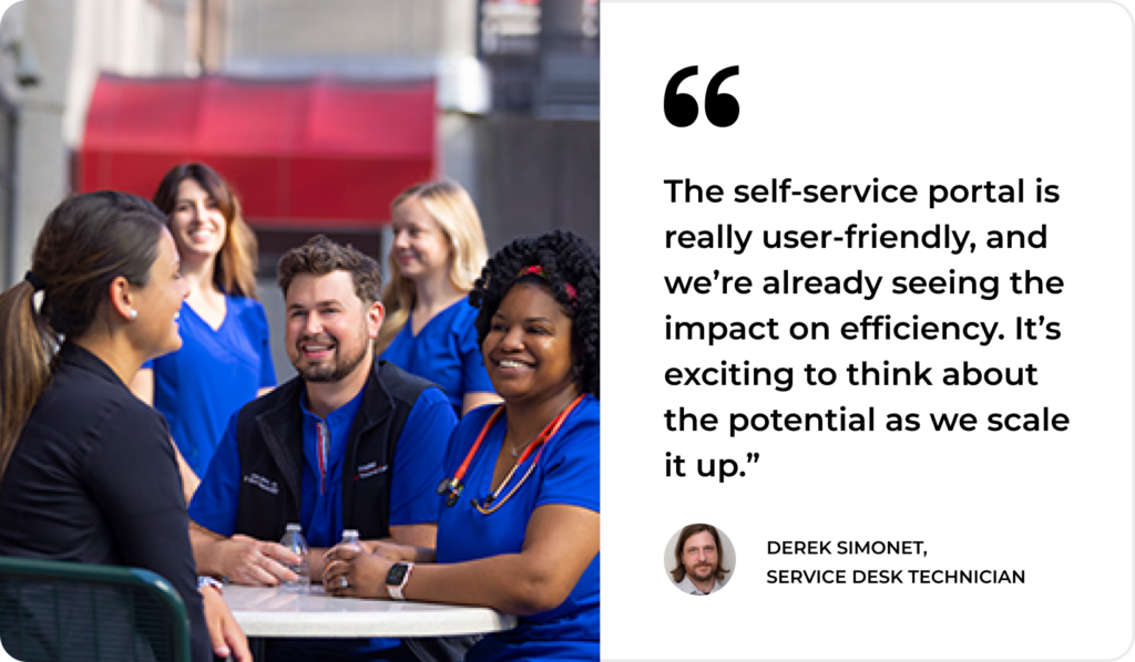 Four healthcare professionals smiling outdoors; Service Desk technician Derek Simonet praises SysAid’s user-friendly Service Desk portal. - SysAid