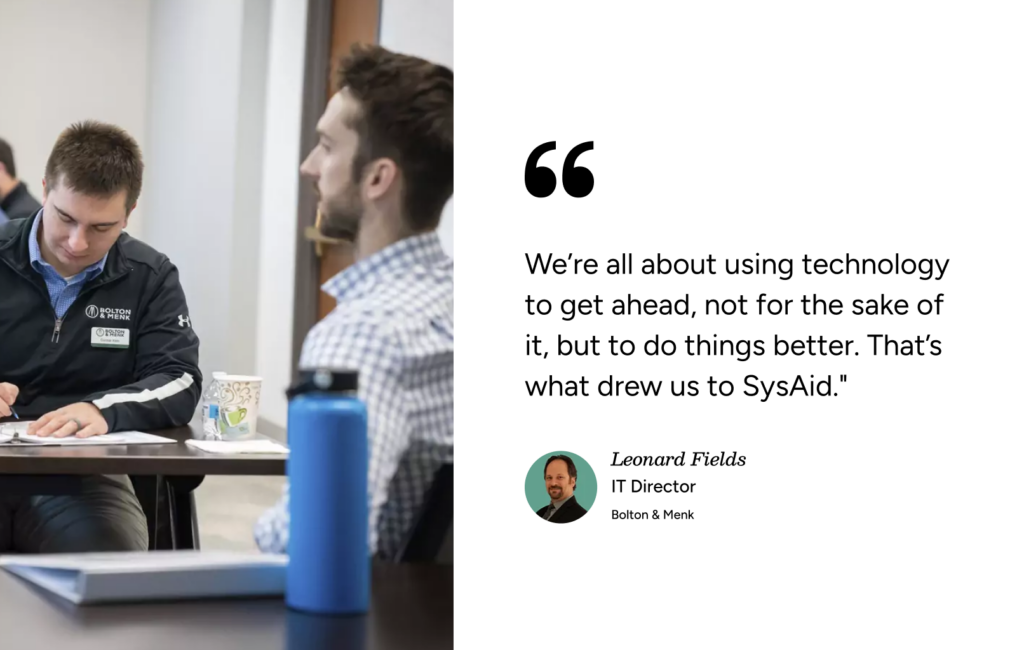 Two professionals meet in an office; a SysAid ITSM quote from Leonard Fields appears on the right of the image. - SysAid