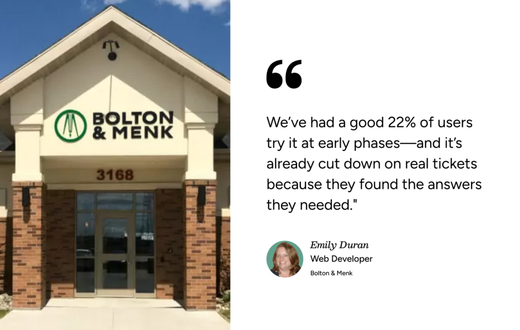 Bolton & Menk office entrance; quote highlights 22% boost in user adoption and fewer tickets with SysAid ITSM solutions. - SysAid