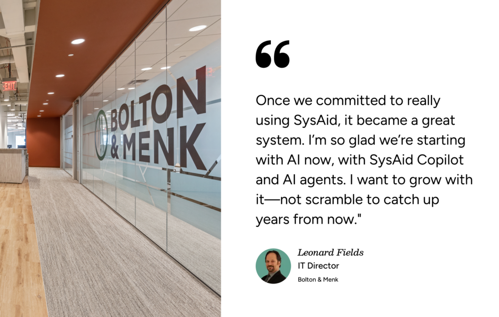 Glass-walled office hall with Bolton & Menk logo and Service Desk testimonial for SysAid Copilot and AI by IT Director. - SysAid