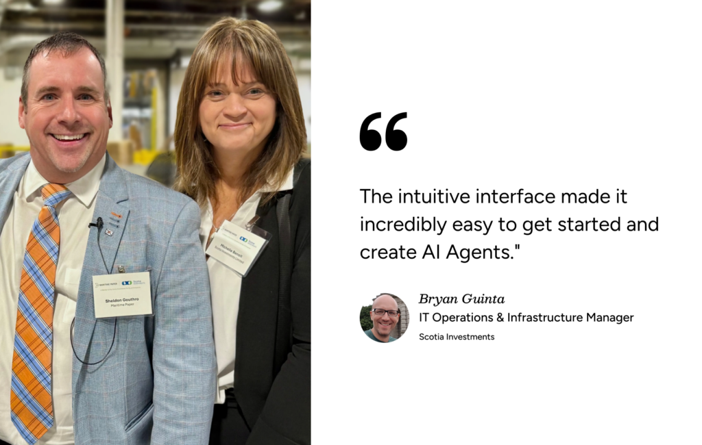 Two smiling professionals in business attire stand by an ITSM testimonial praising SysAid’s intuitive interface. - SysAid