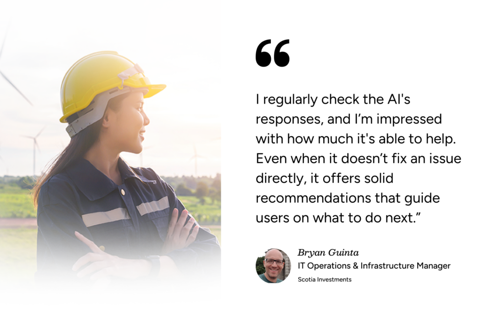 Woman in hard hat outdoors by testimonial on SysAid ITSM and AI benefits from Scotia Investments’ IT Operations Manager. - SysAid