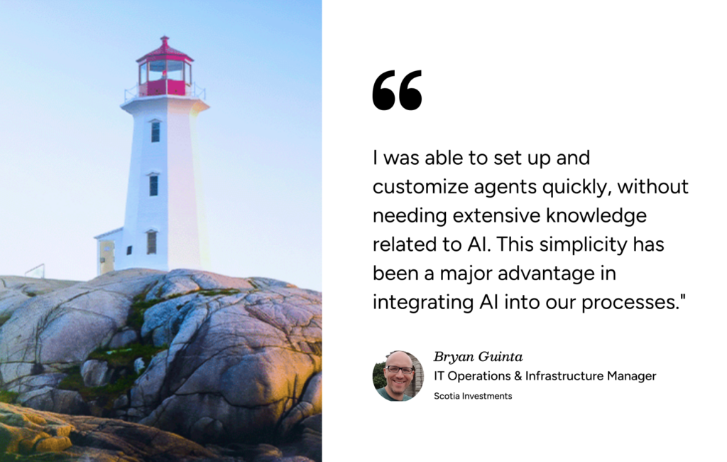 White lighthouse on rocks with Bryan Guinta’s ITSM testimonial, highlighting SysAid’s ease of deploying AI agents. - SysAid
