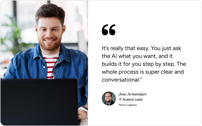 Jose Armendari, IT Analyst Lead, works at a laptop with a Service Desk testimonial on SysAid AI’s ease of use. - SysAid