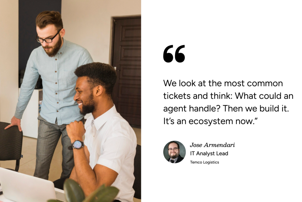 Two men review a laptop at a desk with an ITSM quote, highlighting SysAid’s support ecosystem benefits. - SysAid