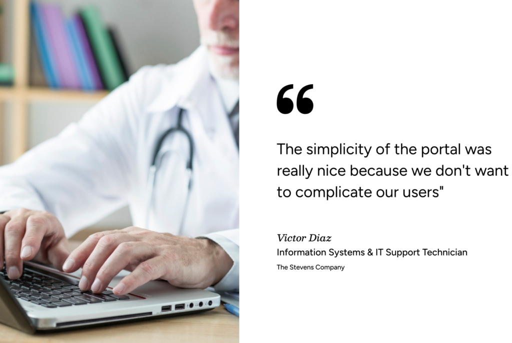Doctor at laptop near a quote praising SysAid’s ITSM user portal, from Victor Diaz, IT Support Technician. - SysAid