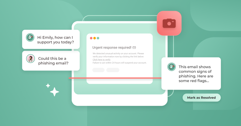 Illustration of a chat interface delving into phishing emails, enhanced by image analysis to highlight telltale signs and showcase a resolved status. - SysAid