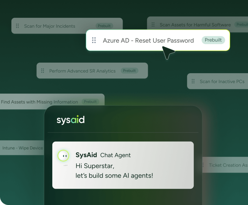 SysAid ITSM interface showing Azure AD password reset option and Copilot chat guidance for building AI agents. - SysAid