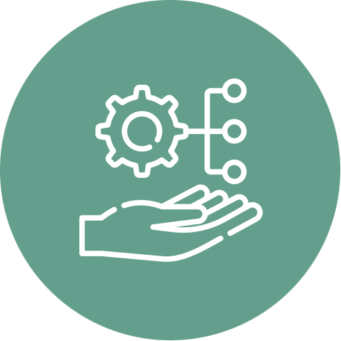 A circular icon with a gear, a hand holding bars connected to nodes, indicating a user interface or system configuration on a teal background. - SysAid