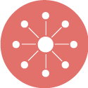 Icon of a red circle with a white center connected by lines to smaller white dots, symbolizing a network or connections.