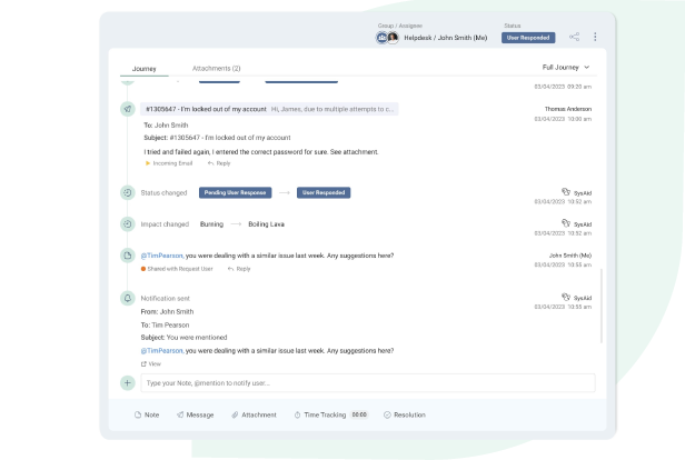 A customer support dashboard showing a ticket conversation. The ticket details a customer's login issue and the responses from support agents. The interface displays tabs for Journey, Attachments, and Overview. - SysAid