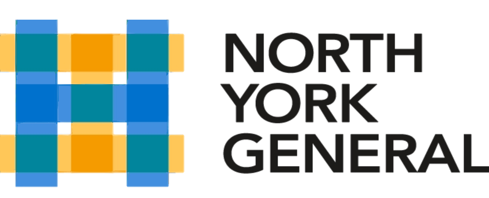 Logo of north york general hospital featuring a graphic of interlocking blue and gold squares next to the hospital name in bold, dark text.