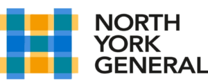 Logo of north york general featuring a grid of blue and orange squares next to the hospital's name in gray and blue text.