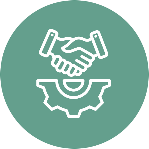 Icon of a handshake over a gear, symbolizing collaboration and teamwork in an industrial or technical context. The design is white on a green circular background. - SysAid