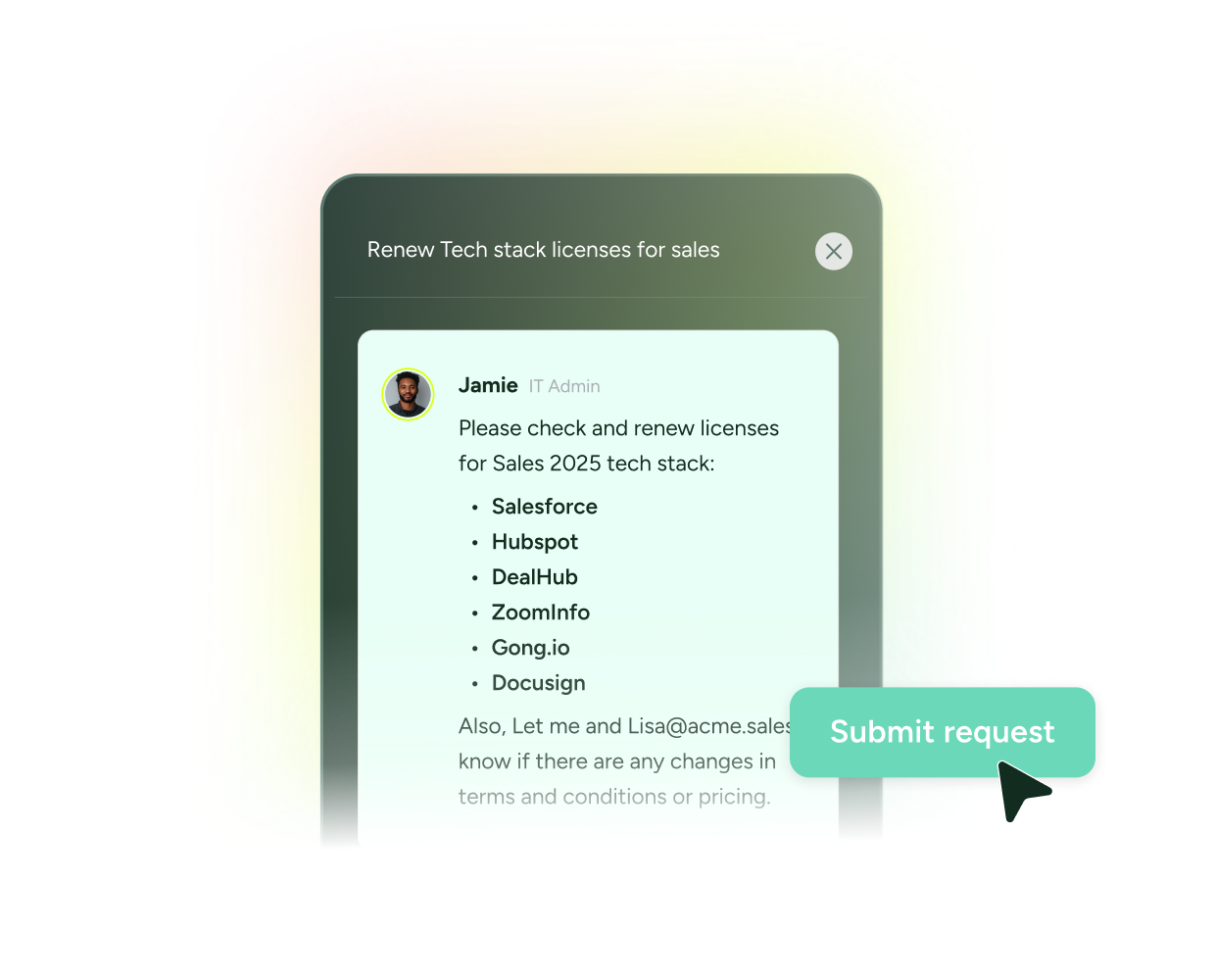SysAid ITSM ticket form for license renewal requests, featuring a highlighted "Submit request" button for efficient service. - SysAid