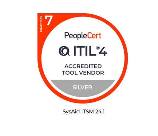 A PeopleCert badge with the ITIL4 logo, indicating the status of "Accredited Tool Vendor" at the Silver level. The top left corner notes "7 Practices. - SysAid