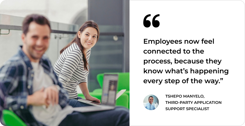 Two people smiling with a laptop. Quote: "Employees feel connected with ITSM, knowing each step in the process. - SysAid