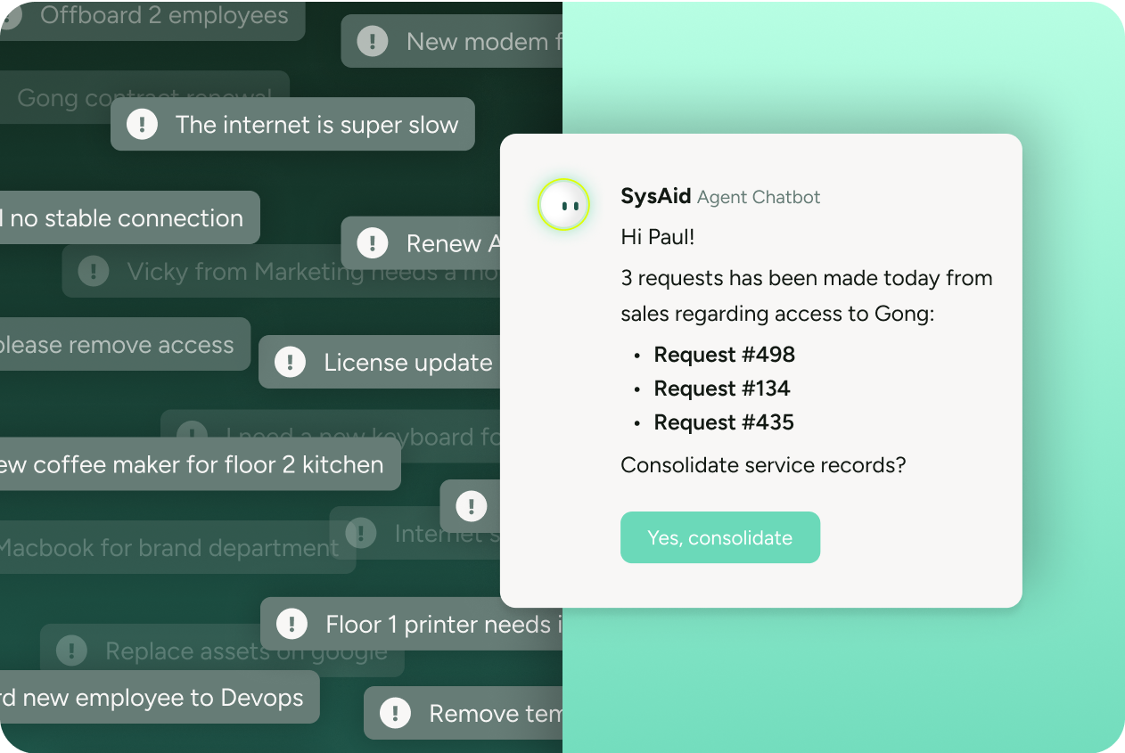 SysAid ITSM chatbot displays three Gong access requests, prompting user to consolidate sales records for efficient service. - SysAid