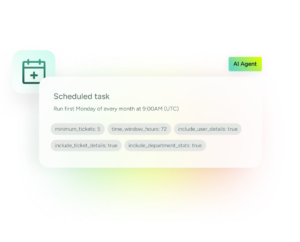 SysAid ITSM interface showing an AI Agent automating monthly scheduled tasks with detailed parameters. - SysAid