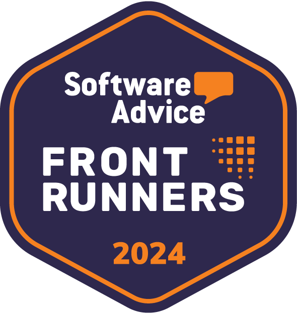 Hexagonal badge with "Software Advice Front Runners 2024" text in white. The background is navy blue with orange accents, celebrating SysAid ITSM's integration of AI capabilities. - SysAid