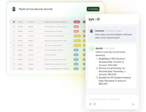SysAid ITSM dashboard displays service records and AI chat giving contract renewal dates for three listed solutions. - SysAid