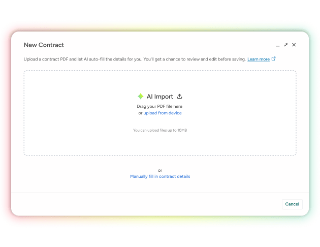 SysAid ITSM contract creation screen with PDF upload, manual entry, and accessible help desk support options. - SysAid