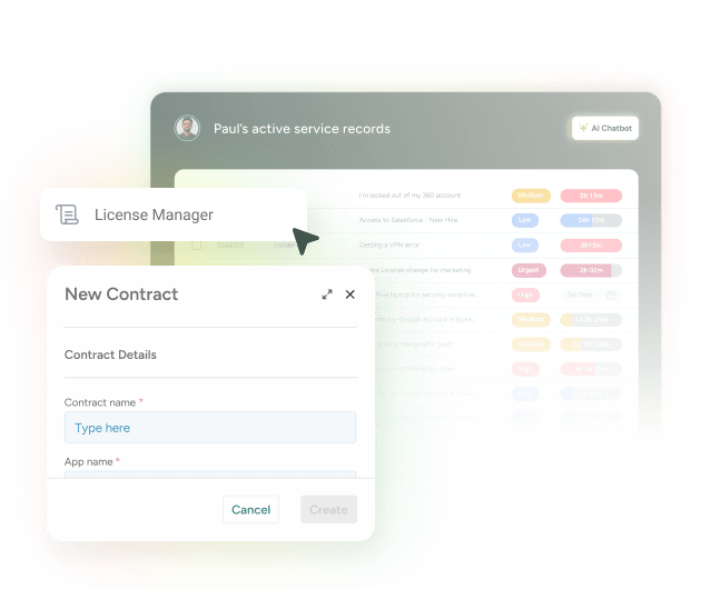 SysAid ITSM interface with License Manager tab and New Contract form for contract and app name entry. - SysAid