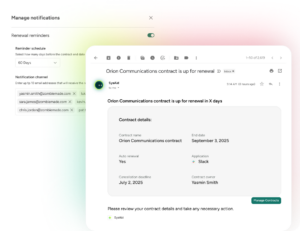SysAid ITSM UI showing renewal notification settings and sample email with contract details for streamlined service management. - SysAid