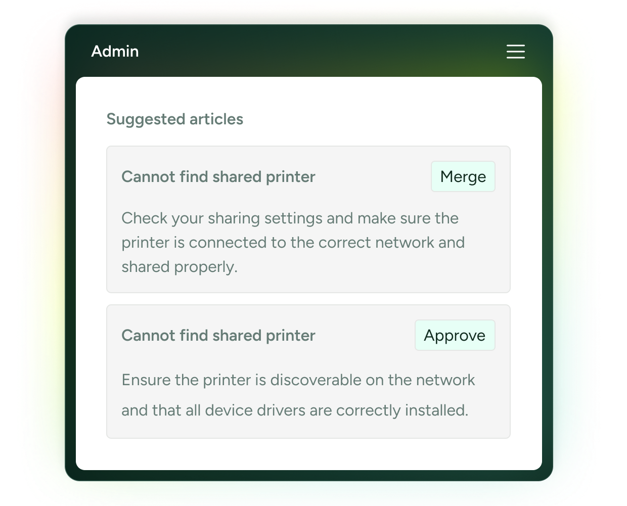 SysAid ITSM interface suggests solutions for shared printer issues with options to Merge or Approve articles. - SysAid
