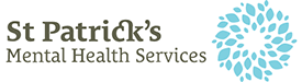 Logo of st patrick’s mental health services featuring stylized blue text and circular flower-like blue emblem.