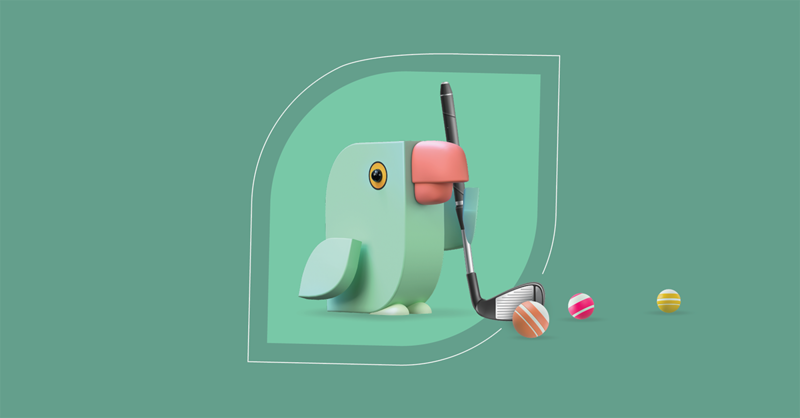 A whimsical illustration of a green elephant design with a golf club, wearing a pink cap, and three colorful golf balls nearby, all against a soft green background.