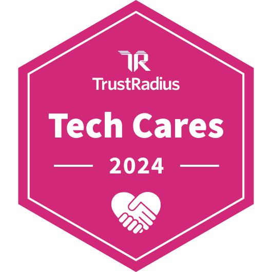 A pink hexagonal badge with the text "TrustRadius Tech Cares 2024" and a handshake icon at the bottom, symbolizing support from an IT ticketing platform. - SysAid