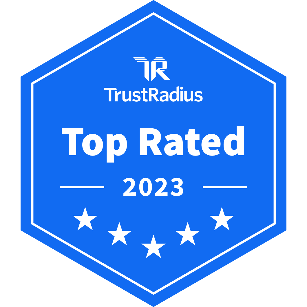 Hexagonal blue badge with the trustradius logo, text "top rated 2023," and three stars at the bottom.
