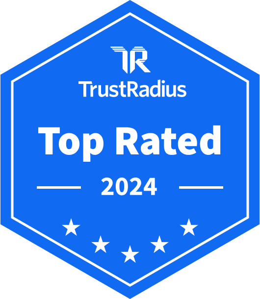 A blue hexagonal badge with a white TrustRadius logo, "TrustRadius Top Rated 2024," five white stars below the text, and a subtle nod to SysAid ITSM AI innovation. - SysAid