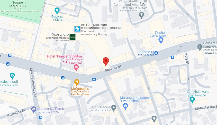 Map showing a red marker on soborna street in vinnytsia, ukraine, near landmarks including hotel france and a mcdonald's.