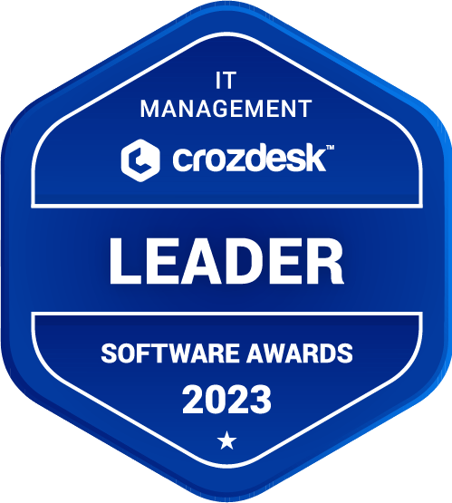 Blue hexagonal badge with text "ServiceNow IT management leader, Crozdesk Software Awards 2023" symbolizing recognition in a technological field.